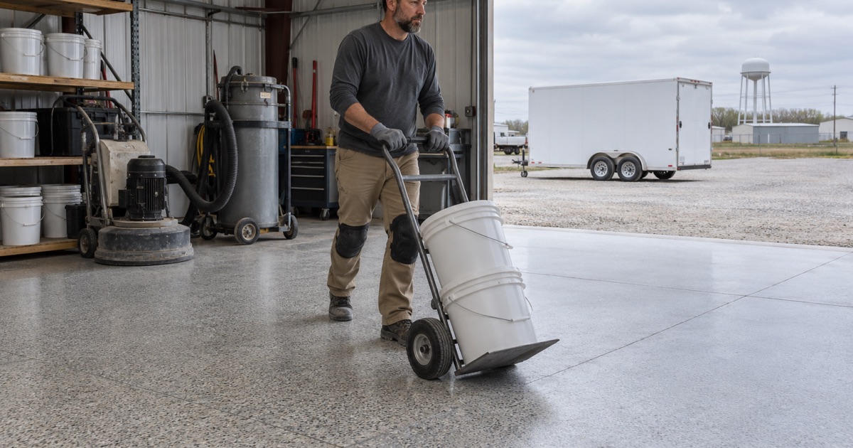 Unlabeled pails wheeled across the coated shop floor of a Waterloo epoxy flooring crew, grinders and an extractor parked along the wall.