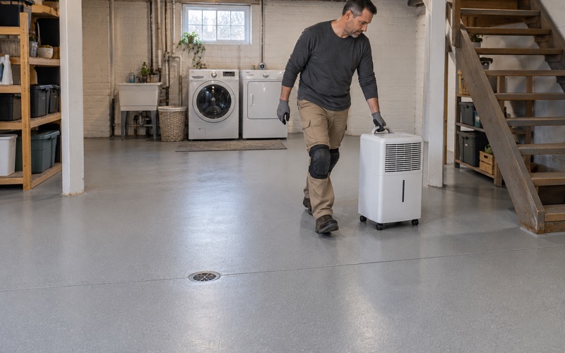 A dehumidifier rolled onto a new light gray epoxy basement floor in an older Waterloo house, the floor drain kept open in the coating.