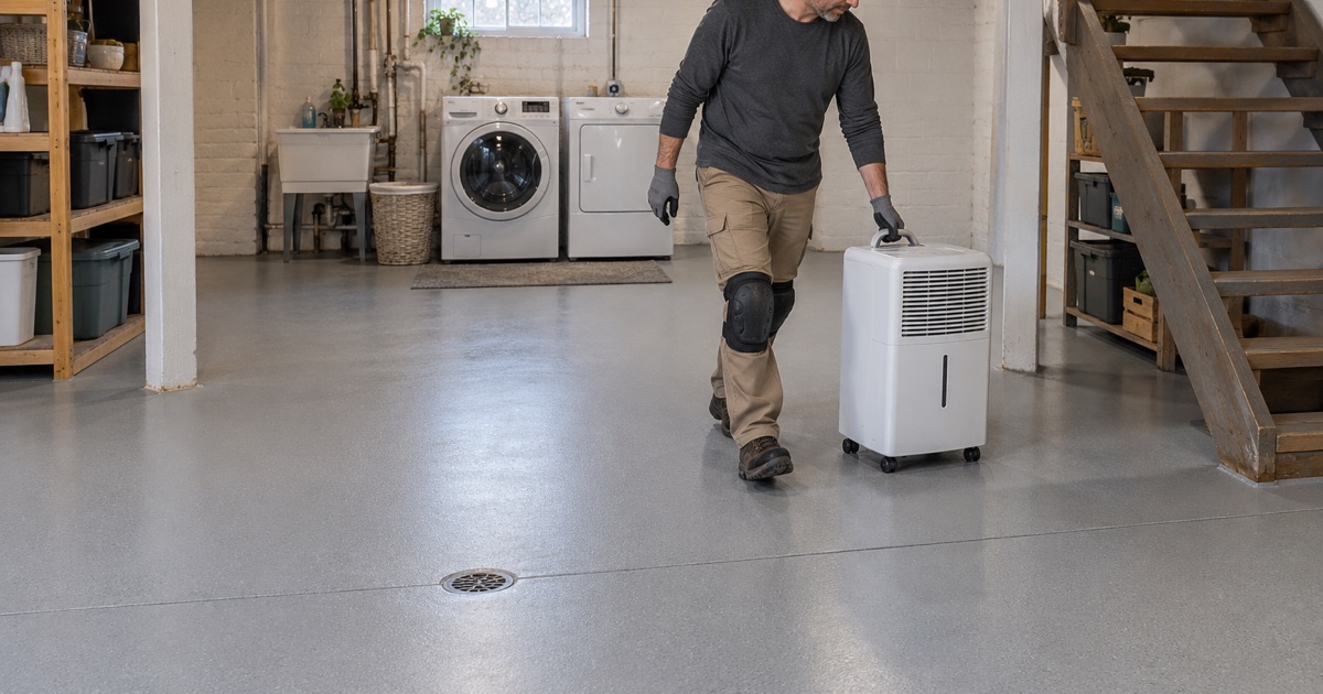 A dehumidifier rolled onto a new light gray epoxy basement floor in an older Waterloo house, the floor drain kept open in the coating.