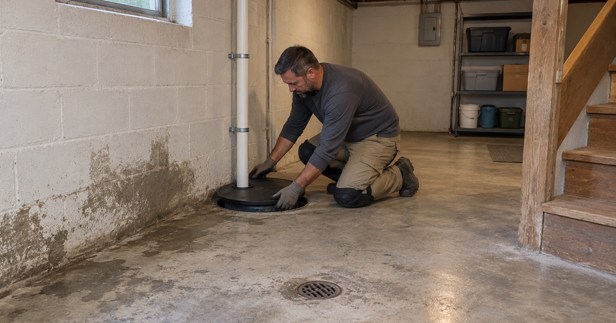 A sealed lid being seated on the sump basin in an older Waterloo basement, the floor drain and a damp patch on the bare slab nearby.