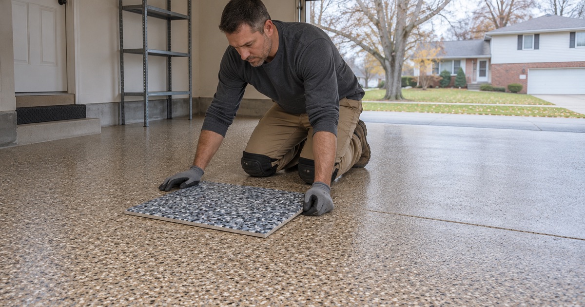 A blue-gray flake sample board laid on a finished tan and brown flake garage floor in Waterloo for a side-by-side color comparison.