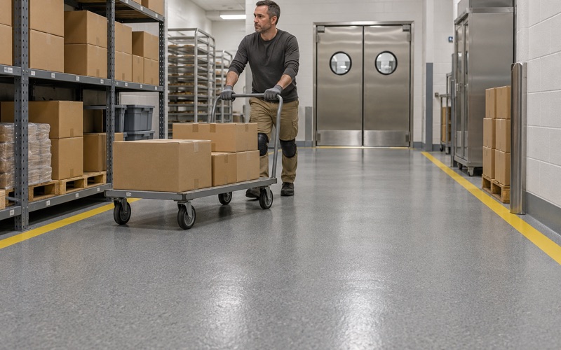 A stocking cart pushed across a new quartz-textured epoxy floor in the back room of a Waterloo grocery store.