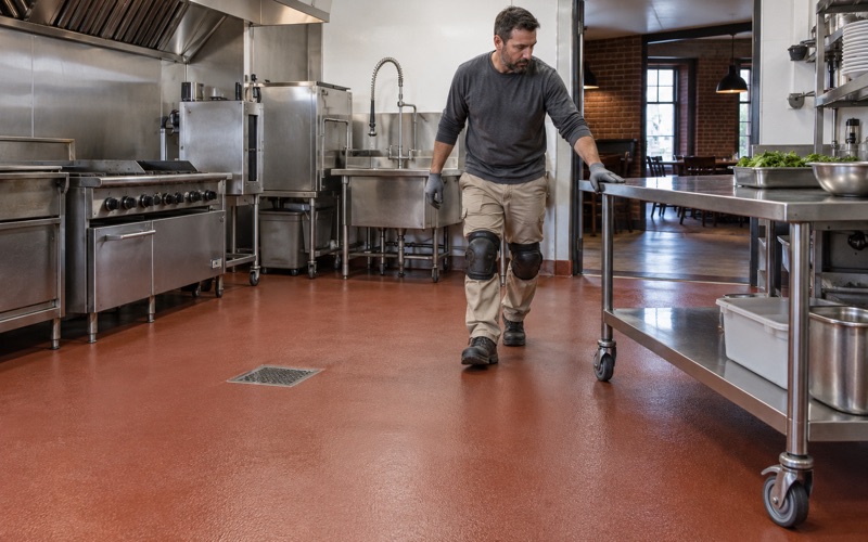 A urethane cement kitchen floor with a coved base and floor drain in a Waterloo restaurant, a prep table being rolled back into place.
