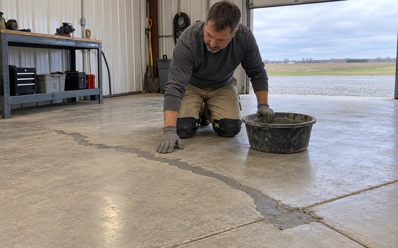 A chased-out crack and a spalled corner filled flush with repair mortar in a Waterloo shop slab, ready to grind before coating.
