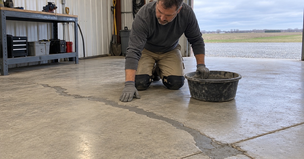 A chased-out crack and a spalled corner filled flush with repair mortar in a Waterloo shop slab, ready to grind before coating.