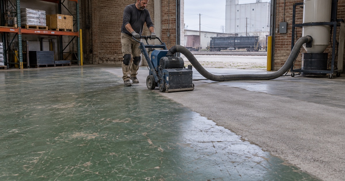 A walk-behind shot blaster opening up an old coated warehouse slab in Waterloo, the cleaned lane beside the worn coating.
