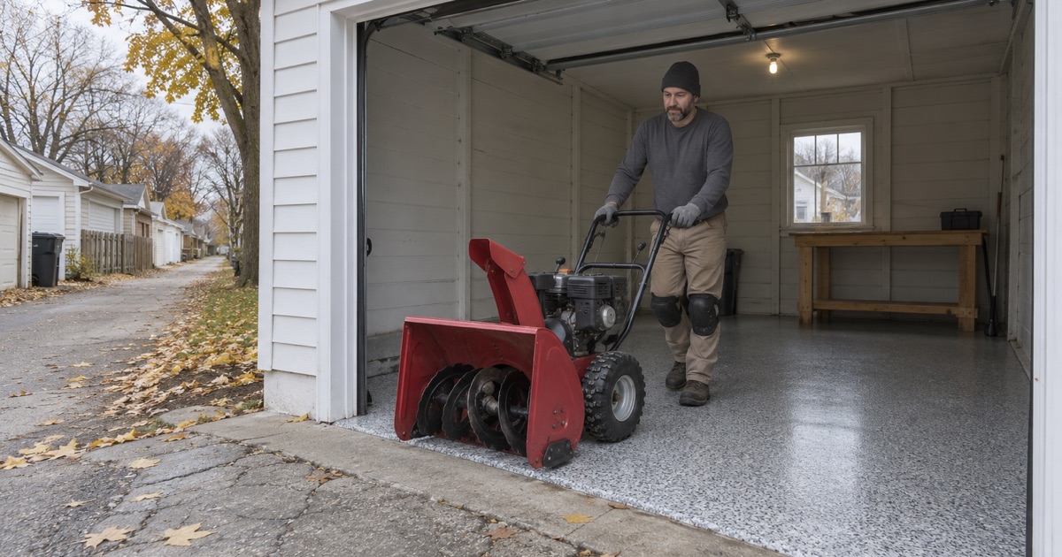 A finished gray, black and white flake floor in the detached alley garage of an older Waterloo frame house, a snowblower being wheeled back inside.
