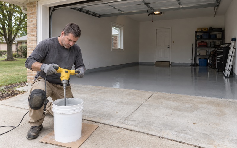 Epoxy being mixed on the apron of a Waterloo ranch house garage, the first coat already laid across the ground slab behind.