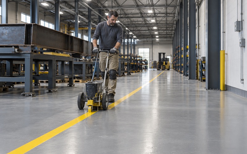 A fresh yellow aisle line being laid on a gray industrial epoxy floor in a Waterloo manufacturing plant.