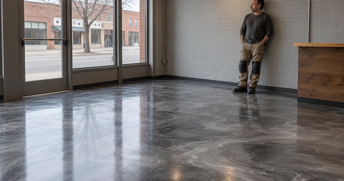 A silver and charcoal metallic epoxy floor in a Waterloo storefront, its swirled pattern catching daylight from the front windows.