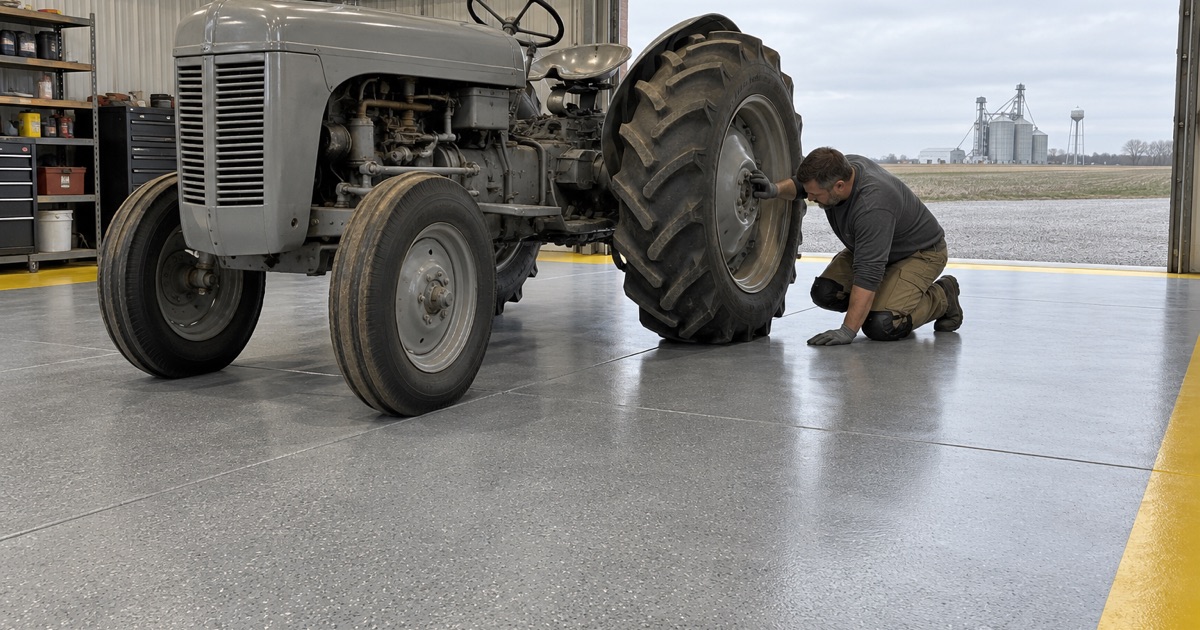A coated gray floor in a Waterloo farm equipment repair shop, a tractor parked on it in for service.