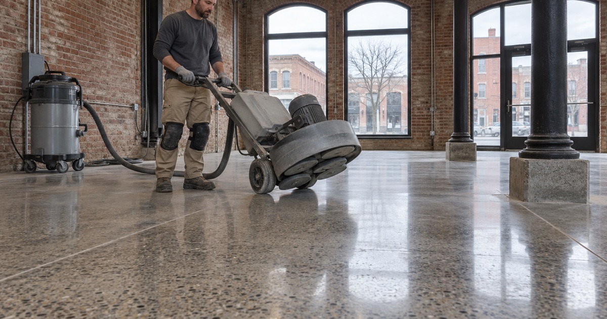A satin polished concrete floor in an old downtown Waterloo brick building, the planetary polisher tipped back onto its wheels after the last pass.