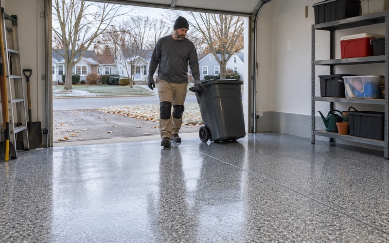 A trash cart wheeled back onto a same-day polyaspartic flake floor in a Waterloo Cape Cod garage on a cold late-autumn day.