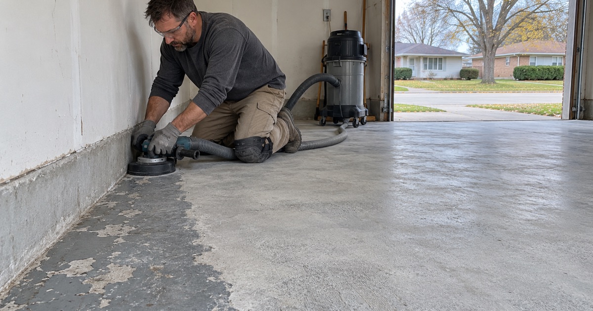 An edge grinder taking decades of old paint off the wall line of a Waterloo ranch house garage slab before any coating goes down.